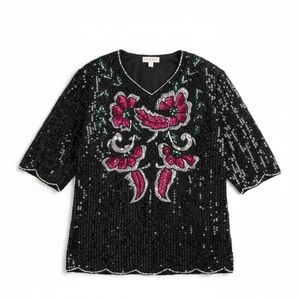 Vintage Elegant Anujan Silk Top Women Large Black Pink Sequins Cocktail Party